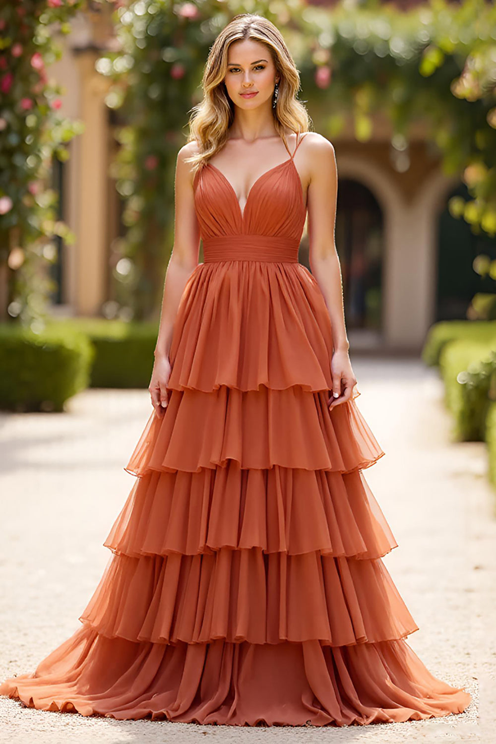 Terracotta Ball Gown V- Neck Ruffled Tiered Long Formal Dress