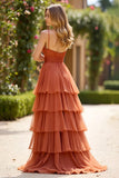 Terracotta Ball Gown V- Neck Ruffled Tiered Long Formal Dress