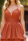 Terracotta Ball Gown V- Neck Ruffled Tiered Long Formal Dress