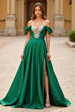 Sparkly Dark Green Satin A Line Long Formal Dress with Slit