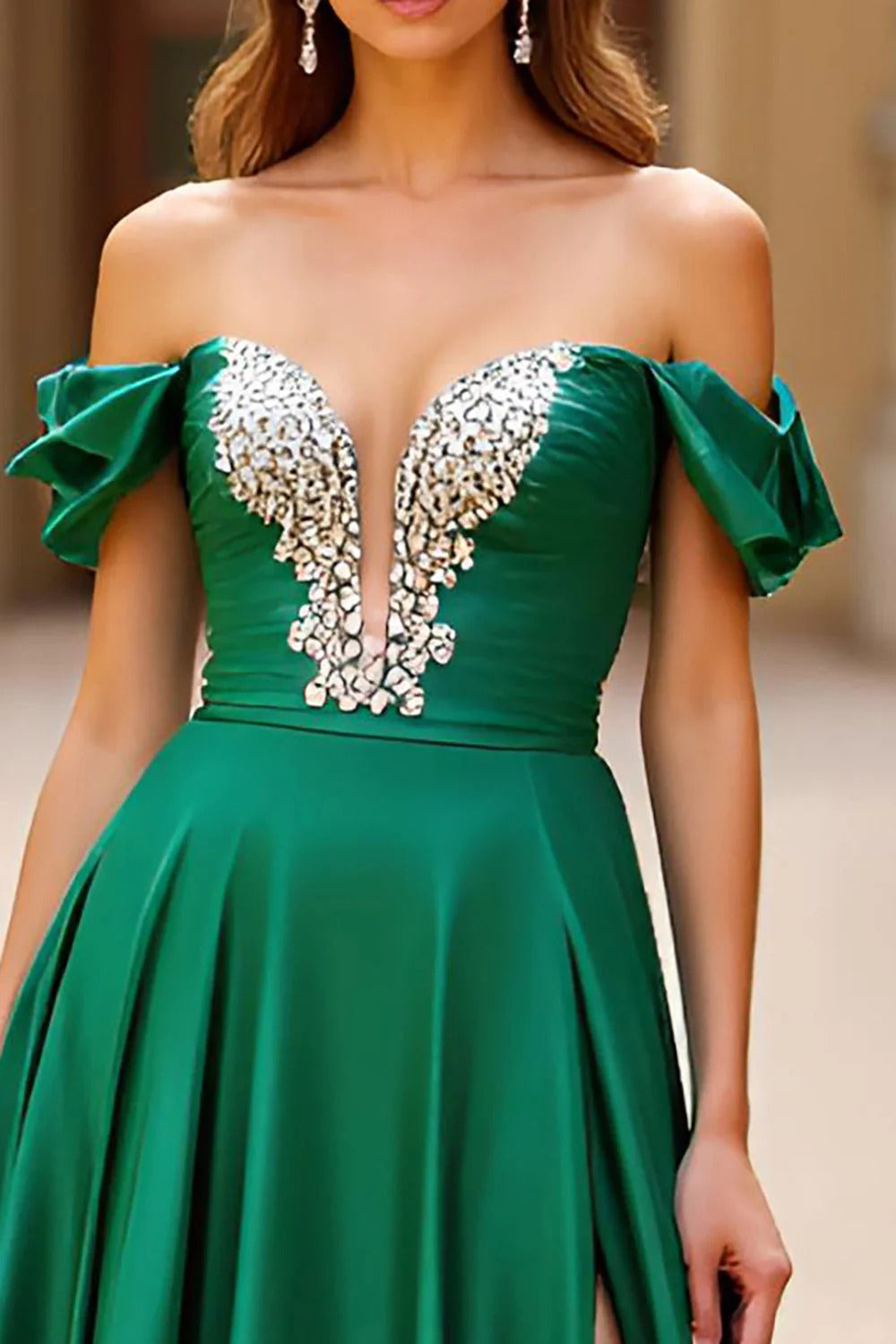 Sparkly Dark Green Satin A Line Long Formal Dress with Slit