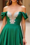 Sparkly Dark Green Satin A Line Long Formal Dress with Slit