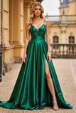 Dark Green A Line Spaghetti Straps Satin Long Formal Dress