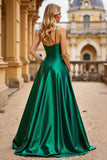 Dark Green A Line Spaghetti Straps Satin Long Formal Dress