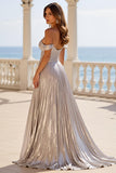 Sliver Metallic Off the Shoulder Pleated Long Formal Dress with Slit