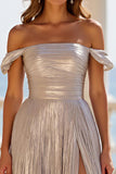Sliver Metallic Off the Shoulder Pleated Long Formal Dress with Slit