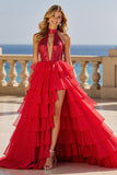 Sparkly Red Ball Gown Tiered Ruffled Long Formal Dress with Keyhole