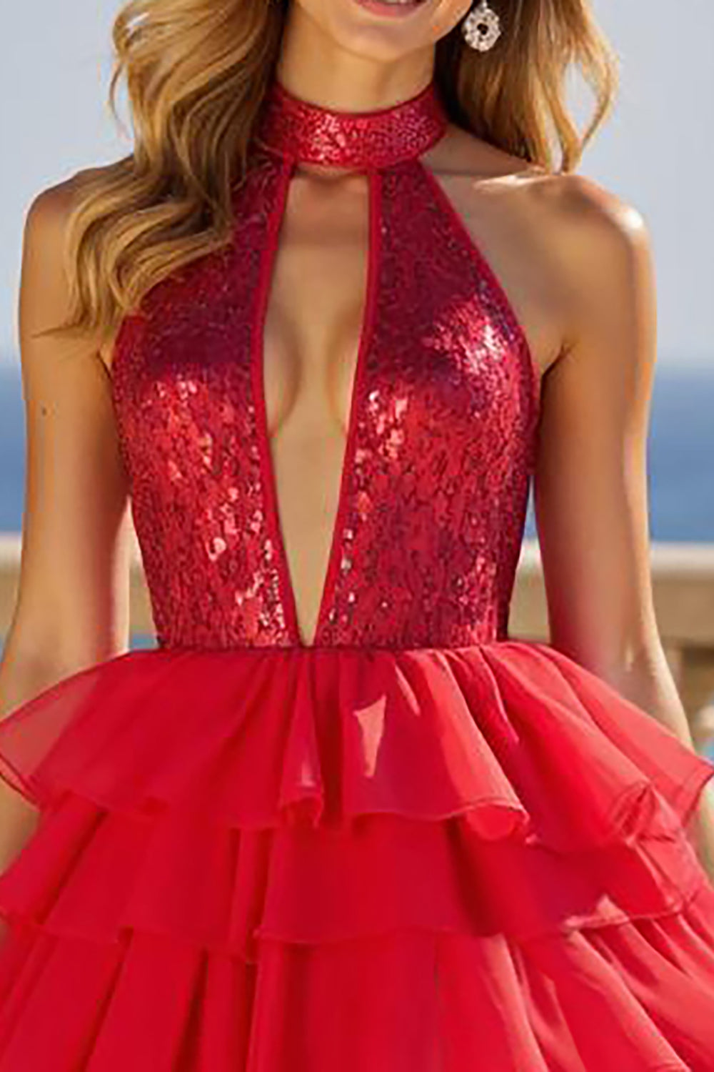 Sparkly Red Ball Gown Tiered Ruffled Long Formal Dress with Keyhole