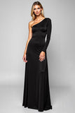 Black Satin Sheath One Shoulder Long Formal Dress with Long Sleeve