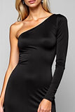 Black Satin Sheath One Shoulder Long Formal Dress with Long Sleeve