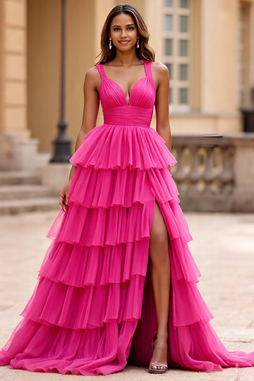 Fuchsia Ball Gown V-Neck Tulle Ruffled Tiered Long Formal Dress