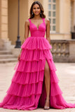 Fuchsia Ball Gown V-Neck Tulle Ruffled Tiered Long Formal Dress