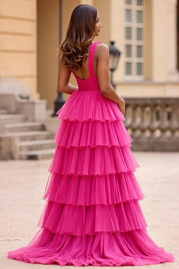 Fuchsia Ball Gown V-Neck Tulle Ruffled Tiered Long Formal Dress