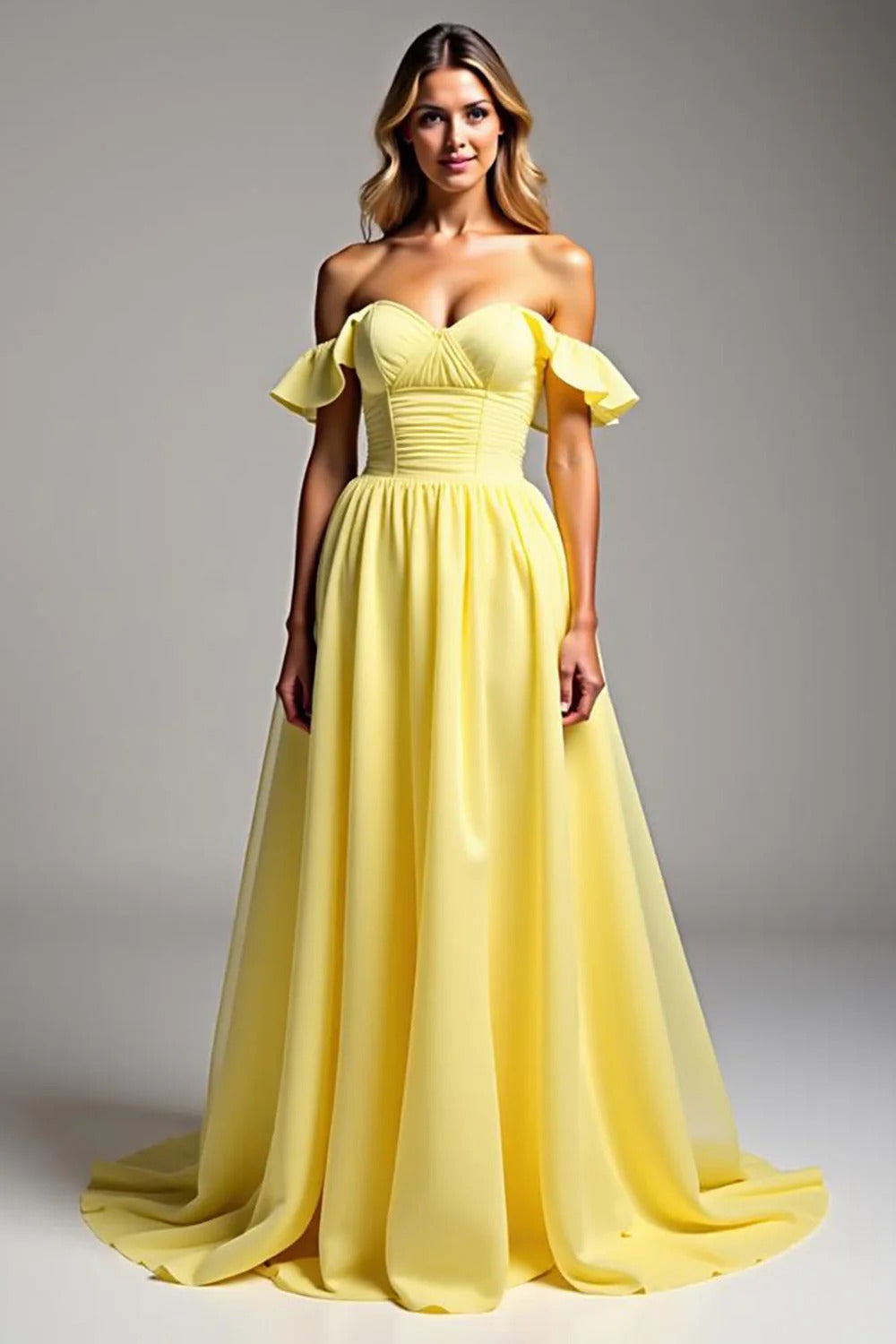 Light Yellow Chiffon A Line Off the Shoulder Long Formal Dress with Ruffles
