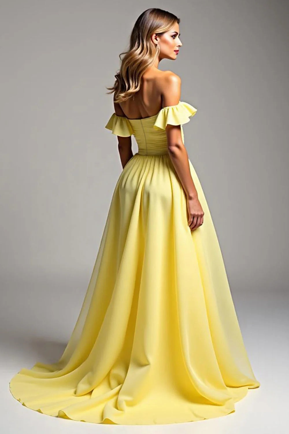 Light Yellow Chiffon A Line Off the Shoulder Long Formal Dress with Ruffles