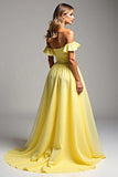 Light Yellow Chiffon A Line Off the Shoulder Long Formal Dress with Ruffles