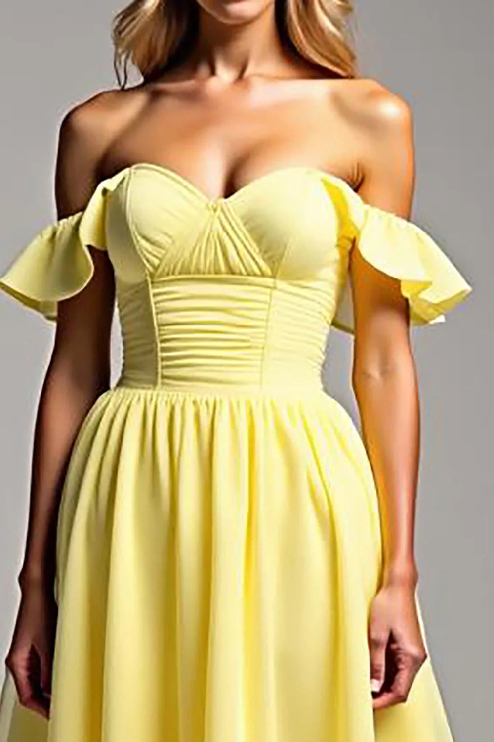 Light Yellow Chiffon A Line Off the Shoulder Long Formal Dress with Ruffles