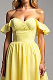 Light Yellow Chiffon A Line Off the Shoulder Long Formal Dress with Ruffles