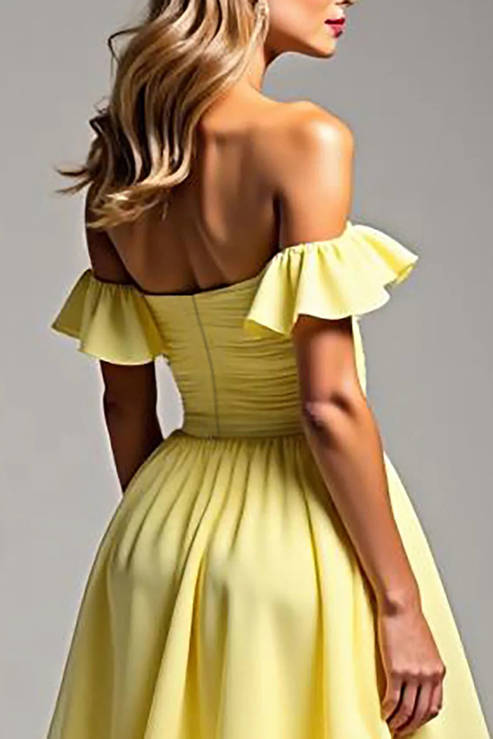 Light Yellow Chiffon A Line Off the Shoulder Long Formal Dress with Ruffles