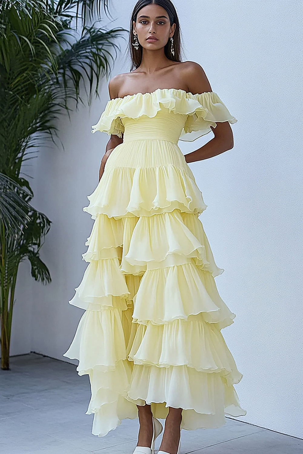 Off the Shoulder Daffodil Tiered Ruffled Long Formal Dress
