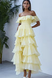 Off the Shoulder Daffodil Tiered Ruffled Long Formal Dress