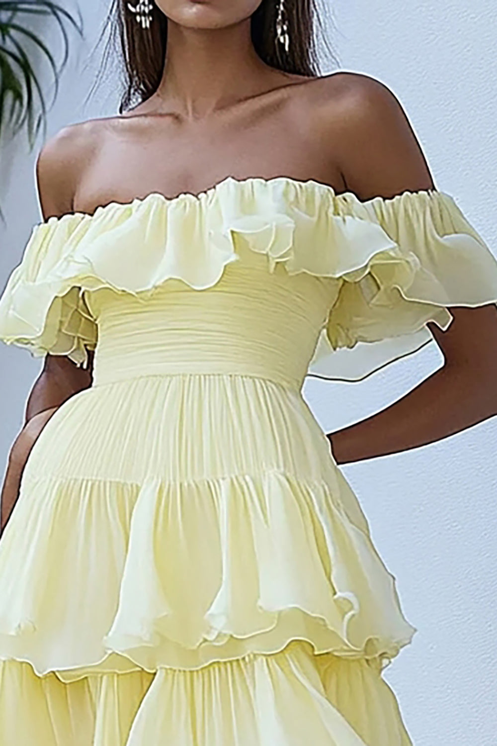 Off the Shoulder Daffodil Tiered Ruffled Long Formal Dress