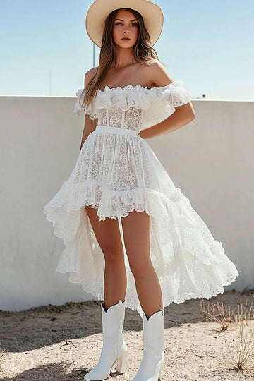 White Lace Off the Shoulder A Line High-Low Boho Graduation Dress