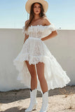 White Lace Off the Shoulder A Line High-Low Boho Graduation Dress