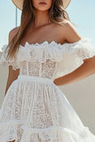White Lace Off the Shoulder A Line High-Low Boho Graduation Dress