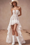 White A Line Ruffled Lace Strapless High-Low Boho Dress
