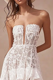 White A Line Ruffled Lace Strapless High-Low Boho Dress