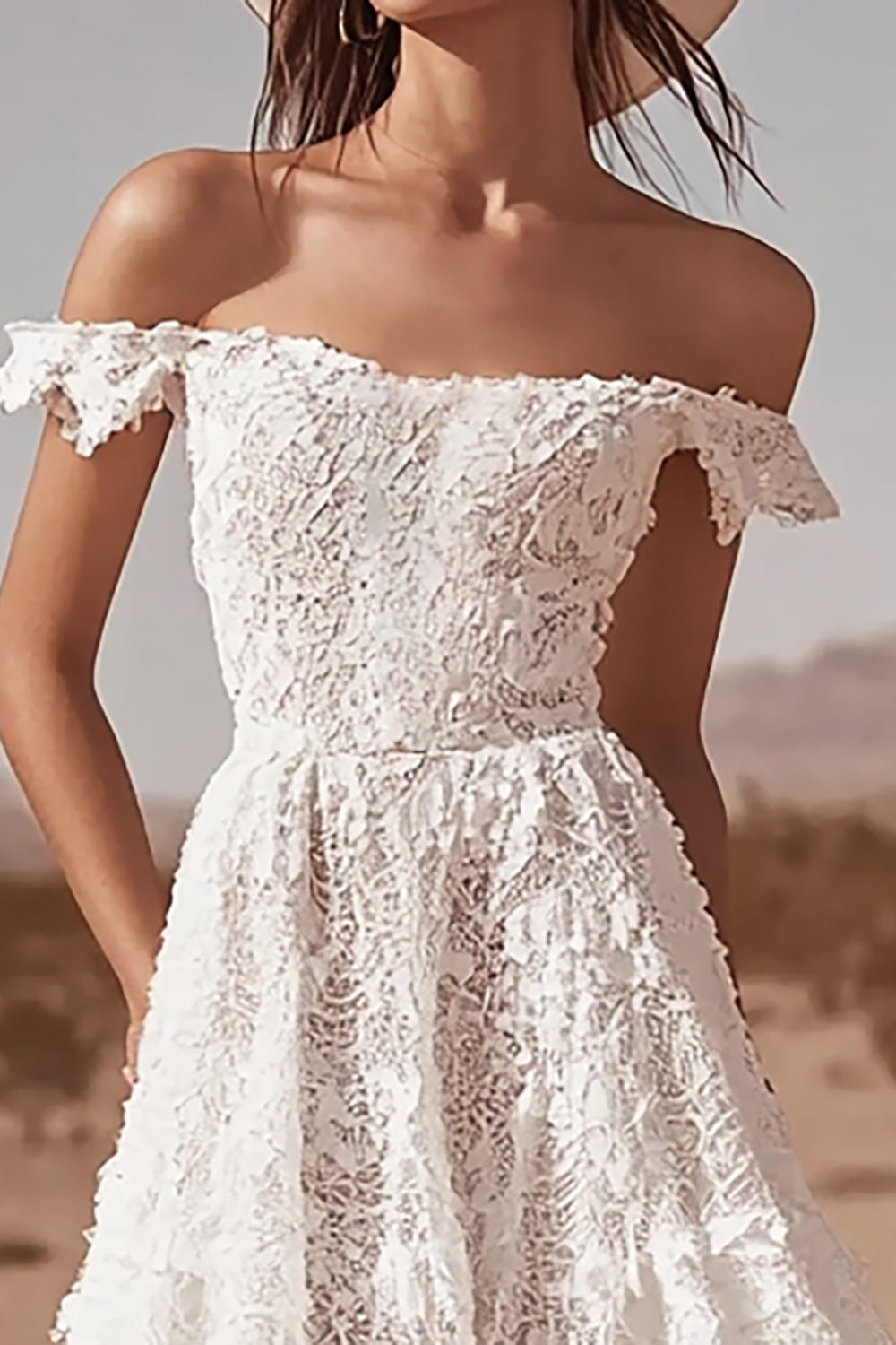 White Off the Shoulder Lace High-Low Boho Wedding Dress