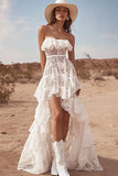 White Lace High-Low A Line Graduation Dress with Ruffles