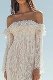 Off the Shoulder White Lace Sheath Boho Maxi Dress with Slit