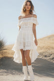White Cold Shoulder Lace A Line Ruffled High-Low Boho Graduation Dress