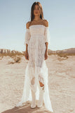 White Sheath Lace Off the Shoulder Boho Maxi Dress with Flare Sleeves