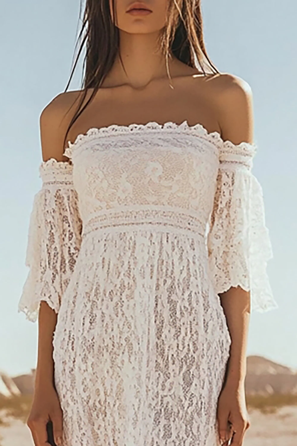 White Sheath Lace Off the Shoulder Boho Maxi Dress with Flare Sleeves