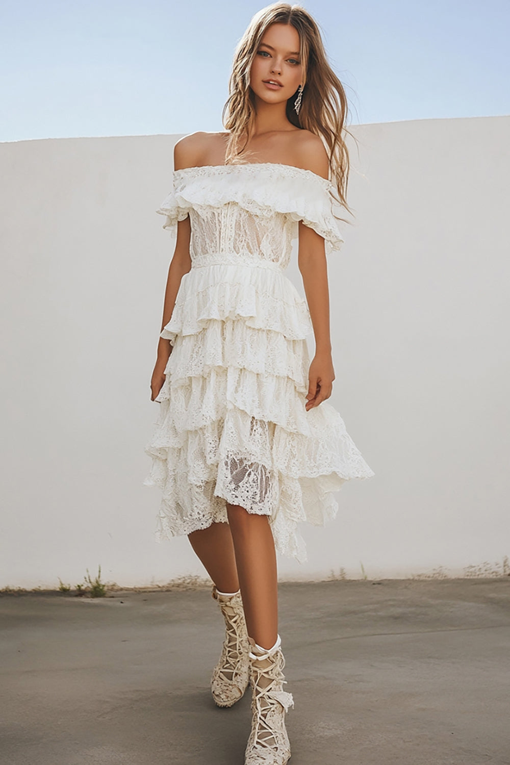 White Lace Tiered Off the Shoulder A Line Midi Graduation Dress