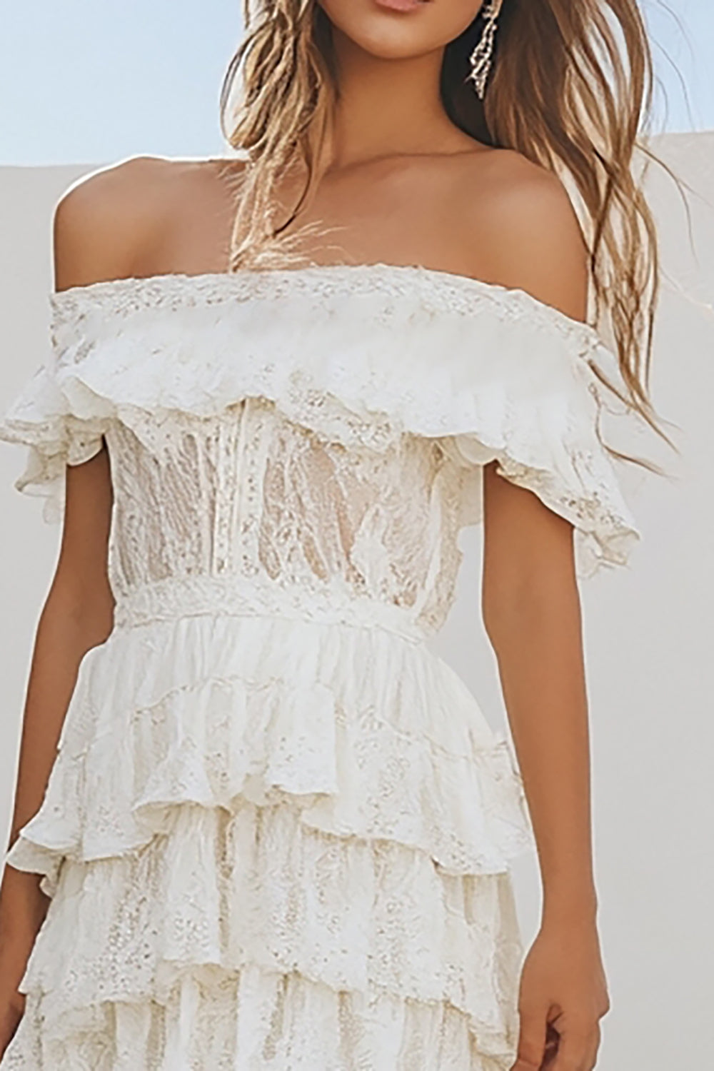 White Lace Tiered Off the Shoulder A Line Midi Graduation Dress