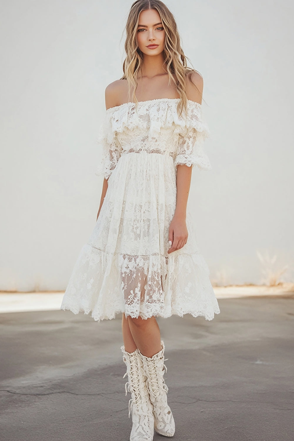 White Lace Off the Shoulder A Line Midi Boho Graduation Dress with Flare Sleeves