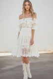 White Lace Off the Shoulder A Line Midi Boho Graduation Dress with Flare Sleeves
