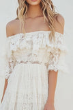 White Lace Off the Shoulder A Line Midi Boho Graduation Dress with Flare Sleeves