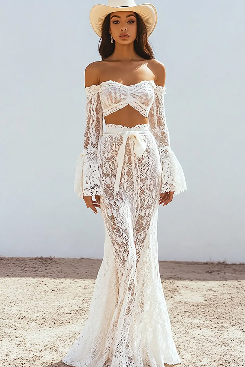 White Lace Off the Shoulder Mermaid 2-Piece Boho Maxi Dress