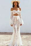 White Lace Off the Shoulder Mermaid 2-Piece Boho Maxi Dress