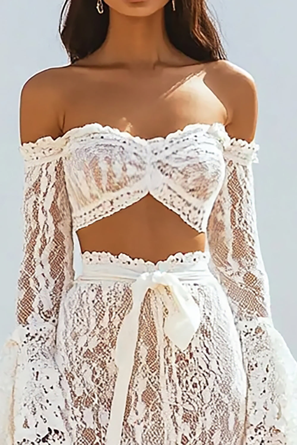 White Lace Off the Shoulder Mermaid 2-Piece Boho Maxi Dress