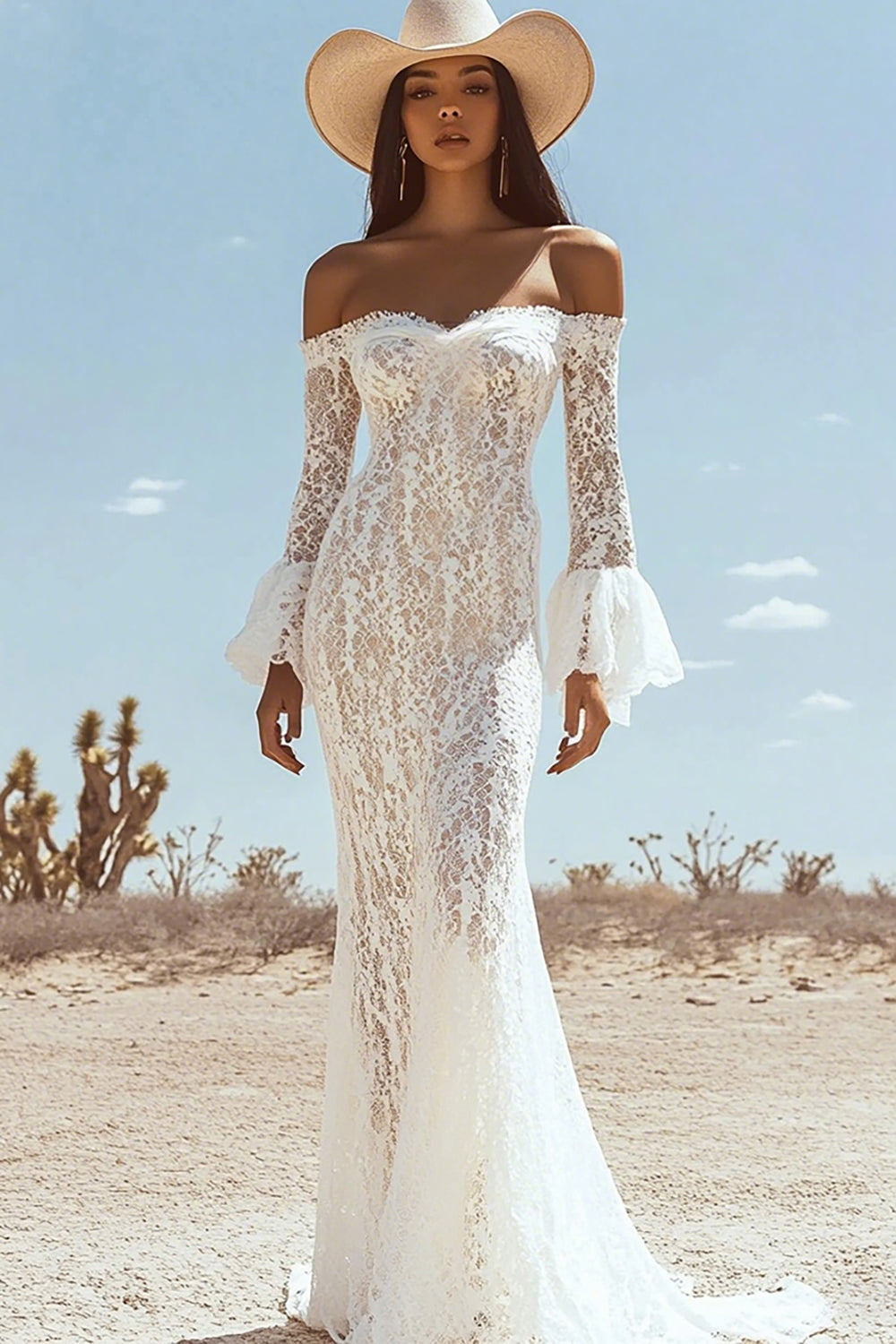 Lace White Off the Shoulder Mermaid Boho Maxi Dress with Sleeves