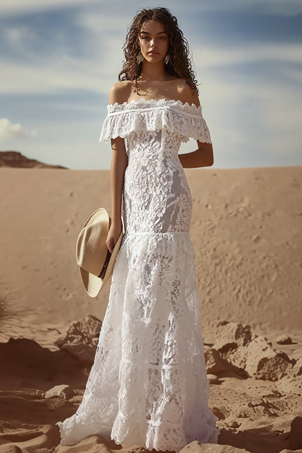 White Lace Off the Shoulder Sheath Boho Maxi Dress