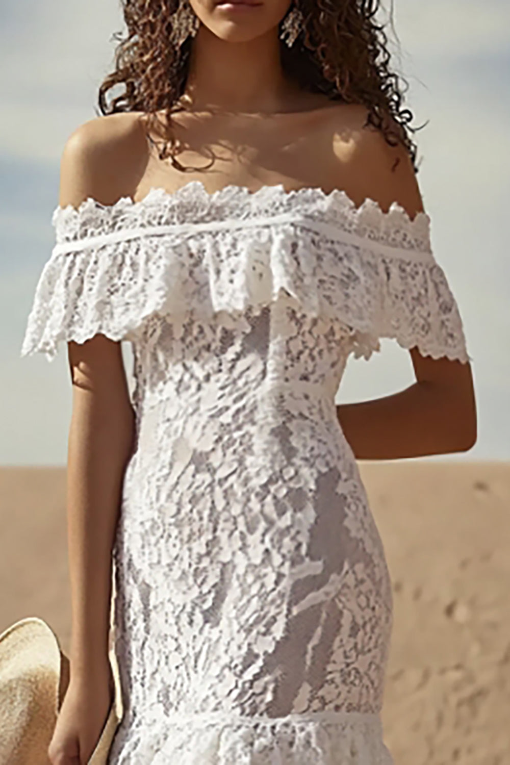 White Lace Off the Shoulder Sheath Boho Maxi Dress