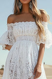 A Line Lace White Off the Shoulder High-Low Boho Dress