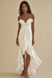 White Chiffon Spaghetti Straps Sheath Ruffled High-Low Graduation Dress